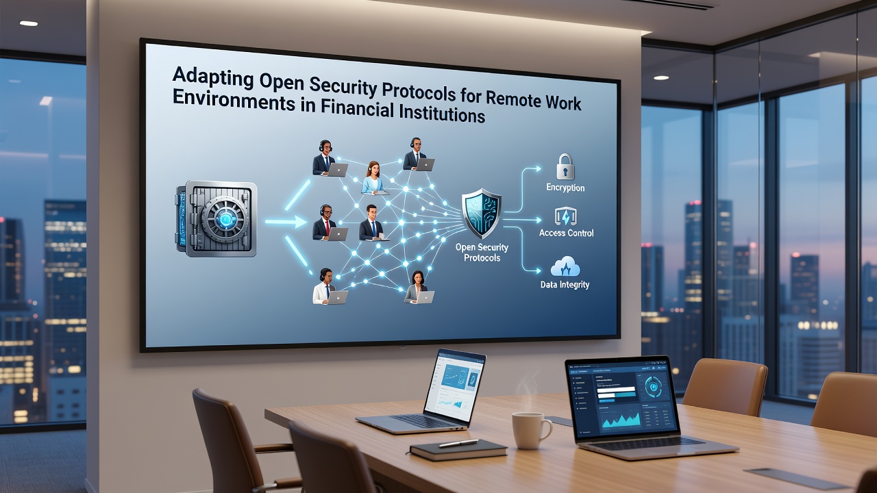 Secure remote access dashboard showing protocol configurations and compliance metrics in a financial setting